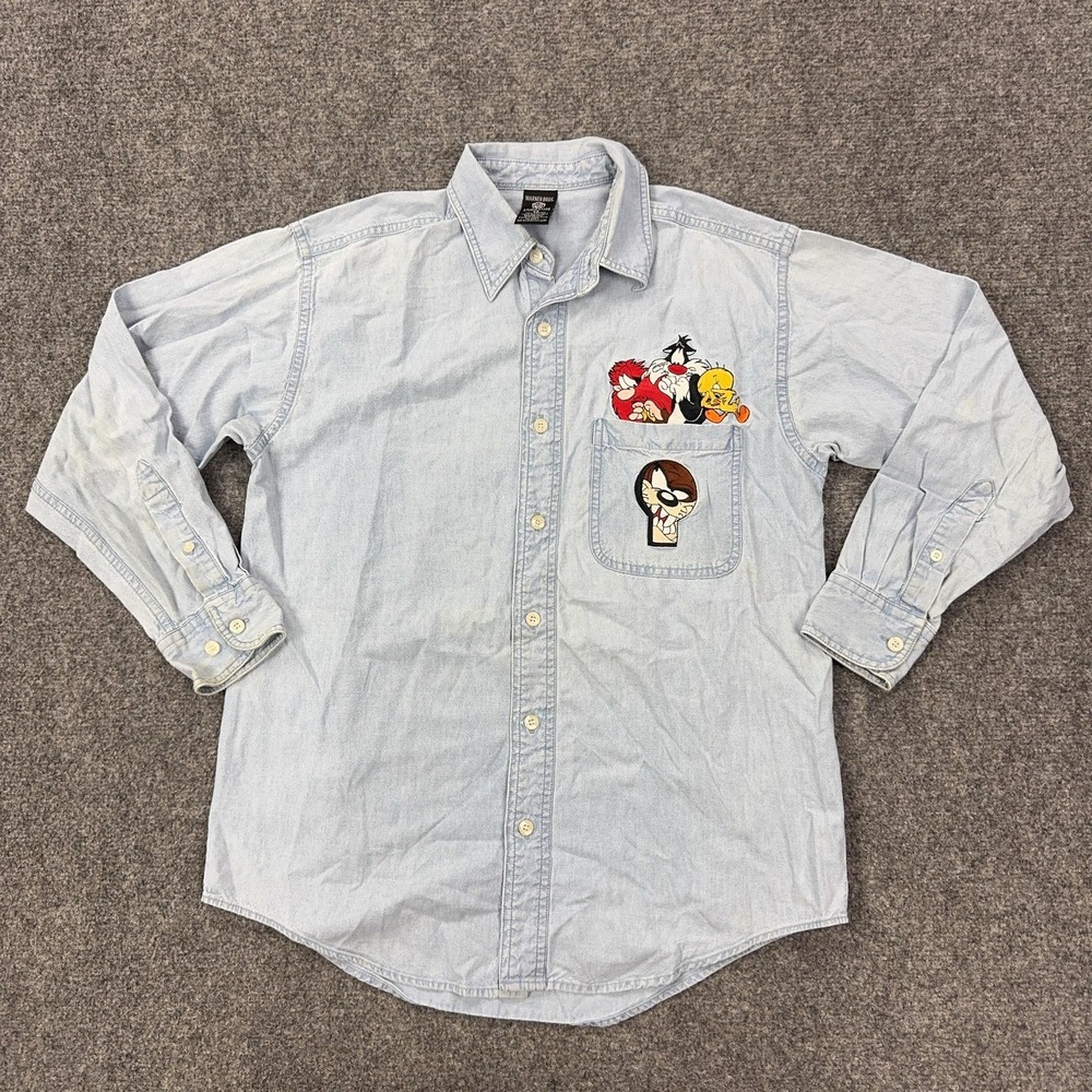 Vintage Warner Bros Studio Store Shirt Mens XS Blue Denim Looney Tunes Graphic